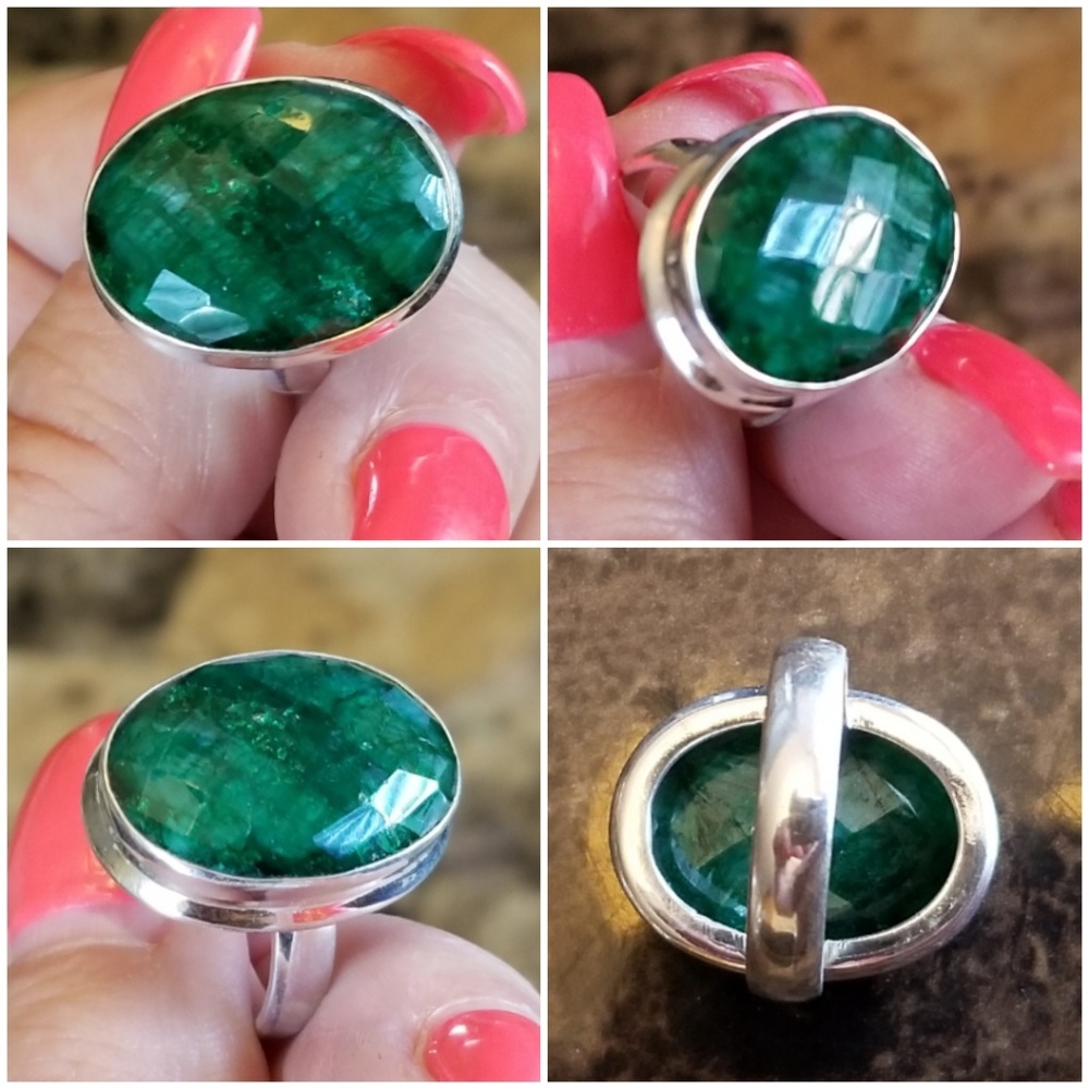 Genuine 19ct Multi-Faceted Zambian Emerald Ring Size 7.5 - Picture 4 of 5